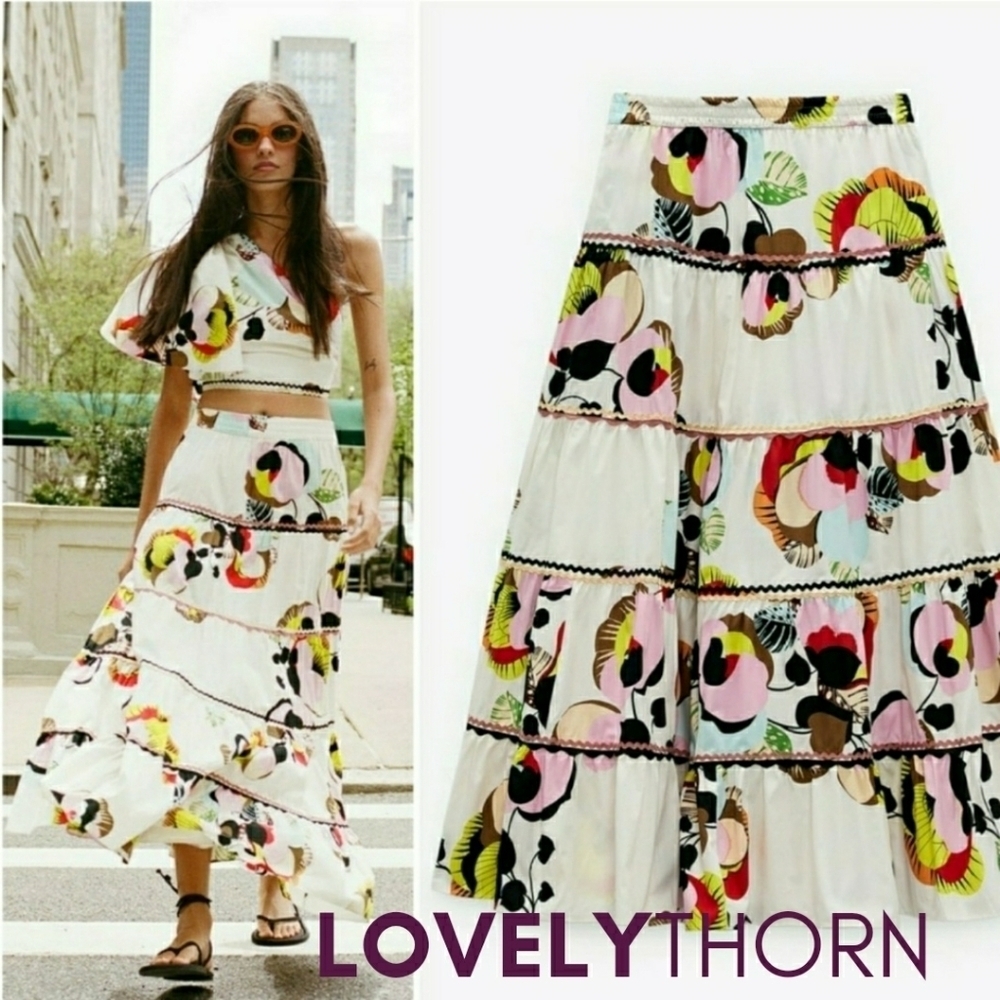 ZARA // ltd ed blogger favorite parisian-chic long a-line printed ric rac skirt - Picture 2 of 16